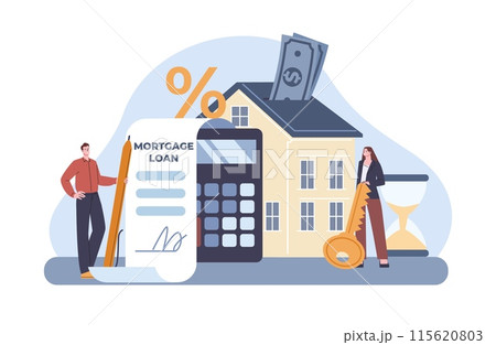 Mortgage loan concept. Financial support banking system for young family. Couple buy house and calculates interest on loan, kicky vector scene 115620803