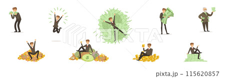 Rich Man Character Bathing In His Money Vector Set 115620857