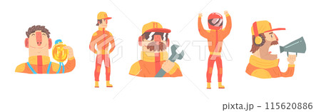 Racing Team Members In Orange Uniform with Driver and Pit Stop Technician Vector Set 115620886