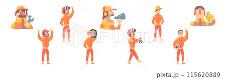 Racing Team Members In Orange Uniform with Driver and Pit Stop Technician Vector Set Racing Team Members In Orange Uniform with Driver and Pit Stop Technician Vector Set 115620889
