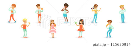 Little Boy and Girl Eat Fast Food Snack and Drink Vector Set 115620914
