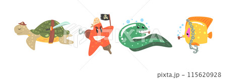 Pirate Sea Animals in Corsair Hats Swim in Ocean Vector Set Pirate Sea Animals in Corsair Hats Swim in Ocean Vector Set 115620928