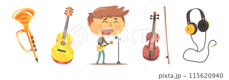 Boy Singer and Musician with Profession Instrument Vector Set Boy Singer and Musician with Profession Instrument Vector Set 115620940