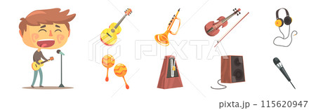 Boy Singer and Musician with Profession Instrument Vector Set 115620947