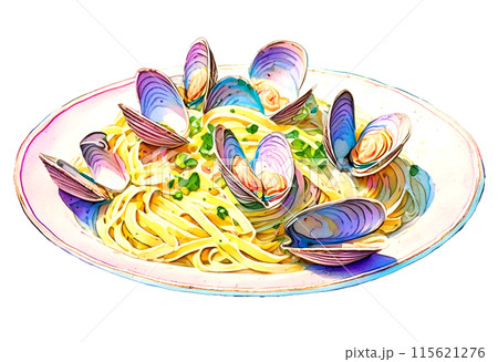 お皿に盛りつけられたアサリのパスタの水彩画 115621276