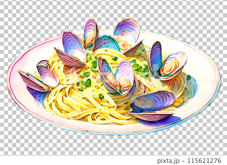お皿に盛りつけられたアサリのパスタの水彩画 115621276