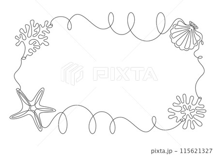 Frame with a marine theme, painted in one continuous line in a minimalistic style. Editable vector contour 115621327