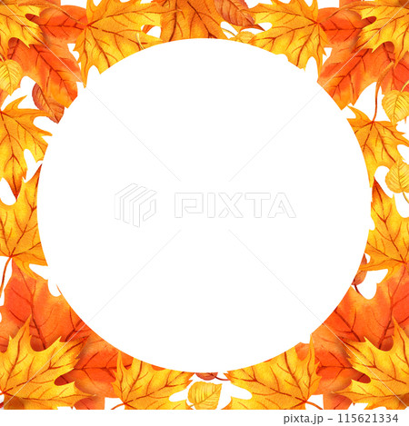 watercolor white frame with autumn leaves, orange maple leaves, hand drawn illustration of yellow and orange autumn leaves, sketch on white background, for autumn posters 115621334