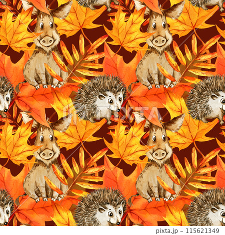 watercolor cartoon cute hedgehog and hog with autumn leaves, hand drawn illustration of yellow and orange maple leaves, mountain ash leaves, seamless pattern brown background, for autumn posters watercolor cartoon cute hedgehog and hog with autumn leaves, hand drawn illustration of yellow and orange maple leaves, mountain ash leaves, seamless pattern brown background, for autumn posters 115621349