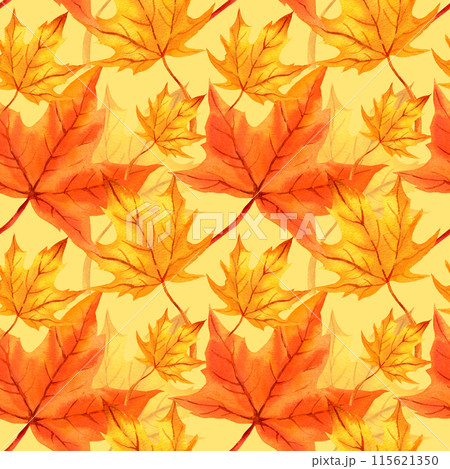 watercolor seamless pattern with autumn leaves, orange maple leaves, hand drawn illustration of yellow and orange autumn leaves, sketch pastel yellow background, for autumn posters watercolor seamless pattern with autumn leaves, orange maple leaves, hand drawn illustration of yellow and orange autumn leaves, sketch pastel yellow background, for autumn posters 115621350