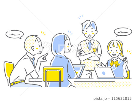 グループワークに取り組む高校生 シンプルでお洒落な線画イラスト グループワークに取り組む高校生 シンプルでお洒落な線画イラスト 115621813
