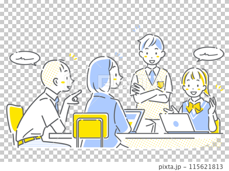 グループワークに取り組む高校生 シンプルでお洒落な線画イラスト グループワークに取り組む高校生 シンプルでお洒落な線画イラスト 115621813
