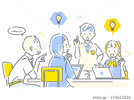 グループワークに取り組む高校生　シンプルでお洒落な線画イラスト　 115621816