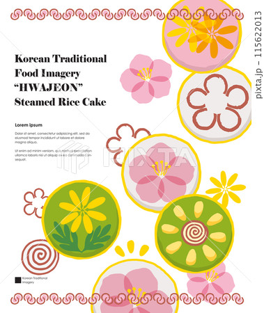 Vector template illustration of Korean Traditional Food, Hwajeon. Rice Cakes Decorated with Flower Petals and Various Ingredients Vector template illustration of Korean Traditional Food, Hwajeon. Rice Cakes Decorated with Flower Petals and Various Ingredients 115622013