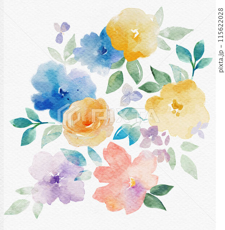 Beautiful floral composition with abstract watercolor hand drawn flowers. Stock clip art illustration. Floral bouquet. 115622028