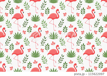 フラミンゴとボタニカル柄のシームレスパターン、白背景 フラミンゴとボタニカル柄のシームレスパターン、白背景 115622097