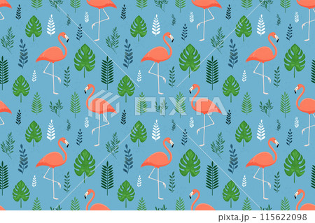 フラミンゴとボタニカル柄のシームレスパターン、青背景 フラミンゴとボタニカル柄のシームレスパターン、青背景 115622098