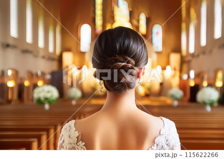 バージンロードを歩く純白のドレスを着た新婦の後ろ姿_AI生成画像 バージンロードを歩く純白のドレスを着た新婦の後ろ姿_AI生成画像 115622266