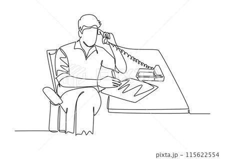 Continuous one line drawing of male startup founder reading company growth report on paper document while receiving phone from investor. Business accountability. Single line design vector illustration Continuous one line drawing of male startup founder reading company growth report on paper document while receiving phone from investor. Business accountability. Single line design vector illustration 115622554