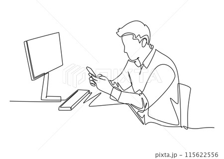 Continuous one line drawing young manager typing message on smartphone and sending to his colleague while siting at office. Text messaging concept. Single line draw design vector graphic illustration Continuous one line drawing young manager typing message on smartphone and sending to his colleague while siting at office. Text messaging concept. Single line draw design vector graphic illustration 115622556