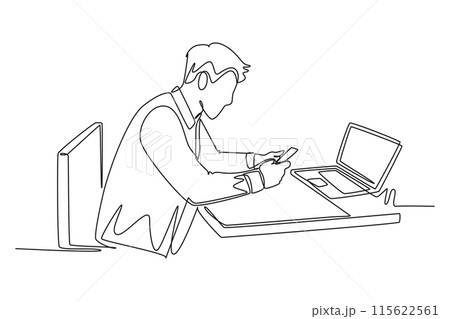Single continuous line drawing young programmer typing message on smart phone to ask coding language to his friend at the office. Programming concept. One line draw graphic design vector illustration Single continuous line drawing young programmer typing message on smart phone to ask coding language to his friend at the office. Programming concept. One line draw graphic design vector illustration 115622561
