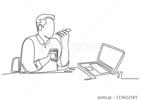 Single continuous line drawing young male director sitting on work chair, drinking coffee and calling his managers in front of computer. Business talk. One line draw graphic design vector illustration 115622565