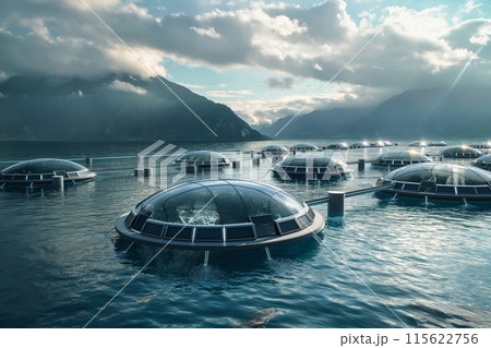 Scenic view of futuristic domes floating on water with mountains and cloudy sky 115622756