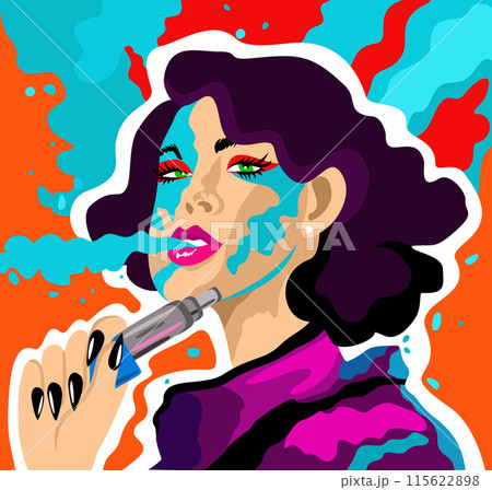 Young attractive woman smoking vape and puffing steam from her mouth. Bright vector illustration 115622898