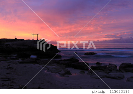 【静岡県】白濱神社・大明神岩の赤鳥居 夜明け 【静岡県】白濱神社・大明神岩の赤鳥居 夜明け 115623155