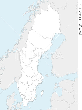 Vector regional blank map of Sweden with counties and administrative divisions, and neighbouring countries. Editable and clearly labeled layers. 115623167