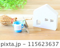 木の板の上にあるミニチュアの白い家とバケツと箒とチリトリ 115623637