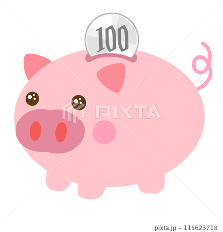 ブタの貯金箱にお金を貯える節約イメージのイラスト素材 115623718