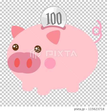 ブタの貯金箱にお金を貯える節約イメージのイラスト素材 115623718