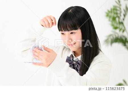 前髪を気にする女子高生　ぱっつん 115623875