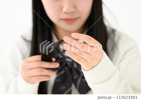 枝毛を気にする女子高生 枝毛を気にする女子高生 115623881