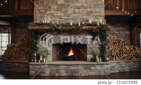 A beautiful stone fireplace mantel decorated with candles and gr 115623999