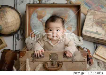 Cute infant holds onto an old suitcase, ready for a journey, surrounded by world maps and globes Cute infant holds onto an old suitcase, ready for a journey, surrounded by world maps and globes 115624051