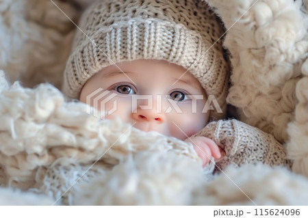 Adorable baby with striking blue eyes snuggled in a warm, knitted blanket Adorable baby with striking blue eyes snuggled in a warm, knitted blanket 115624096