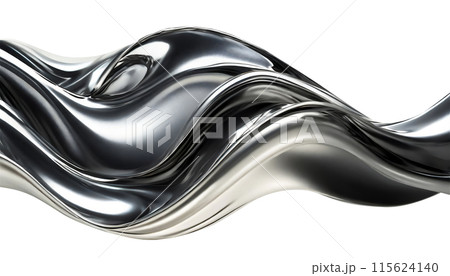 Abstract fluid metal bent form. Metallic shiny curved wave in motion. Cut out design element steel texture effect. 115624140