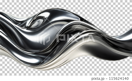 Abstract fluid metal bent form. Metallic shiny curved wave in motion. Cut out design element steel texture effect. 115624140