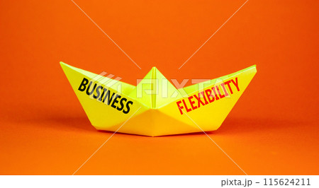 Business flexibility symbol. Concept words Business flexibility on beautiful yellow paper boat. Beautiful orange paper background. Business flexibility concept. Copy space. 115624211
