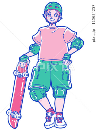 スケートボードを手に微笑む男の子 115624257