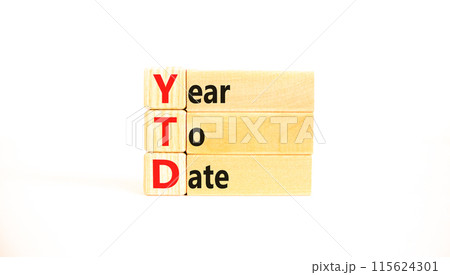 YTD year to date symbol. Concept words YTD year to date on beautiful wooden blocks. Beautiful white background. Business YTD year to date concept. Copy space. 115624301