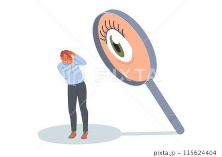Man afraid of surveillance and pressure from giant eye in magnifying glass, causing discomfort Man afraid of surveillance and pressure from giant eye in magnifying glass, causing discomfort 115624404