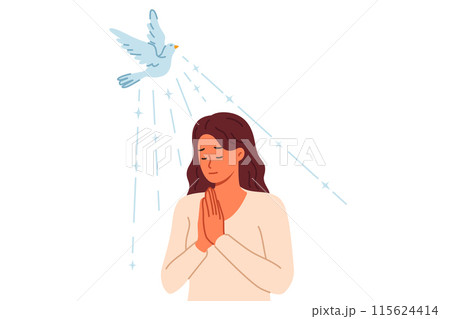 Woman reads prayer with palms folded in front of chest, standing near flying dove and shining sun 115624414