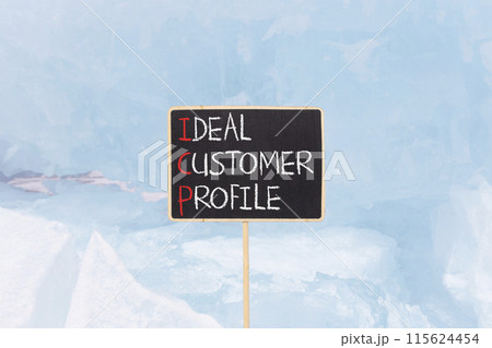 ICP ideal customer profile symbol. Concept words ICP ideal customer profile on beautiful yellow blackboard. Beautiful blue ice background. Business ICP ideal customer profile concept. Copy space. ICP ideal customer profile symbol. Concept words ICP ideal customer profile on beautiful yellow blackboard. Beautiful blue ice background. Business ICP ideal customer profile concept. Copy space. 115624454