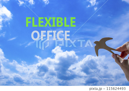 Flexible office symbol. Concept words Flexible office on beautiful sky. Beautiful blue sky cloud background. Businessman hand with wooden bird. Business Flexible office concept. Copy space. 115624493