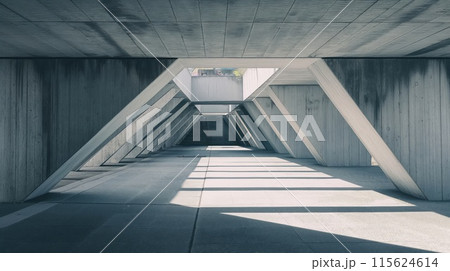 Symmetrical view of a concrete passage with striking light and shadow patterns Symmetrical view of a concrete passage with striking light and shadow patterns 115624614