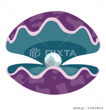 Pearl in seashell. Open seashell scallop and pearl shell icon. Beautiful pearl in clam shell in cartoon flat style. Vector illustration isolated on white background 115624621