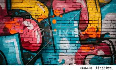 Colorful street graffiti showcasing vibrant abstract designs on a textured urban backdrop 115624661
